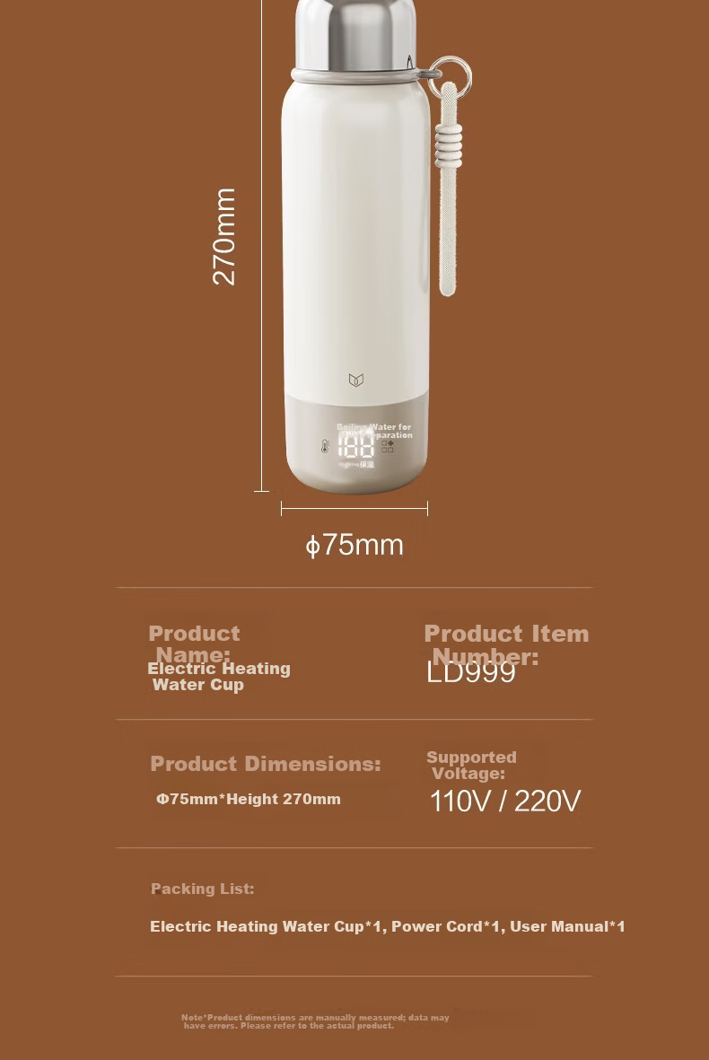 Deli Portable Electric Heating Water Cup 550ml Large Capacity Insulated Kettle Travel Vacuum Insulated Smart Constant Temperature 316L Stainless Steel Inner Liner 17