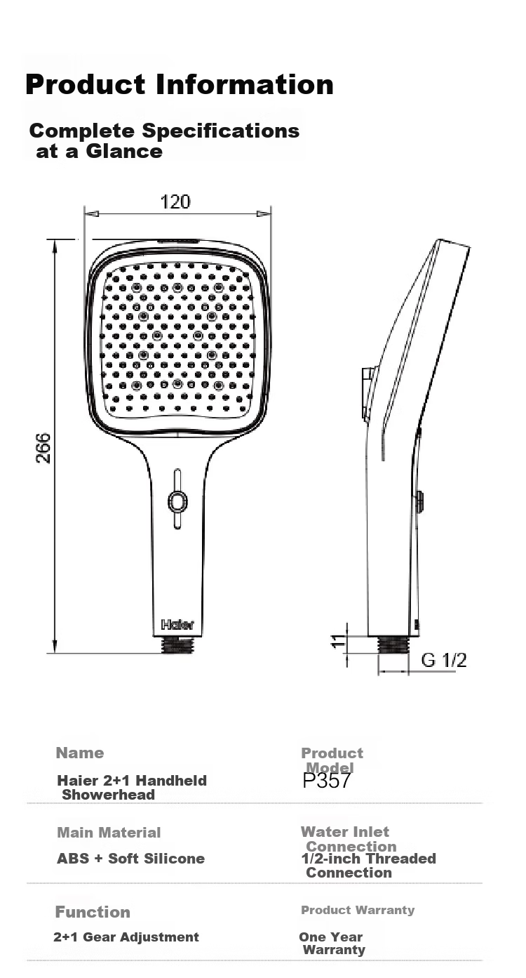 Haier Handheld Shower Head 3+1 Water Modes Anti-Scale Strong Pressure Boost Handheld Shower P331 9