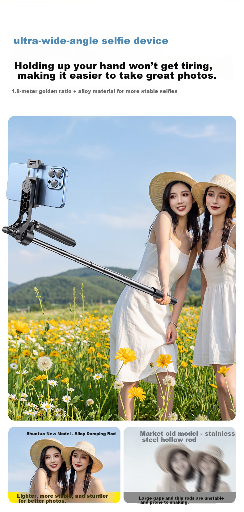 Shuotuo Floor-Standing Adjustable Selfie Stick Tripod Phone Holder Live Streaming Stand Portable Travel 360-Degree Rotating Anti-Shake Shooting Mount 14