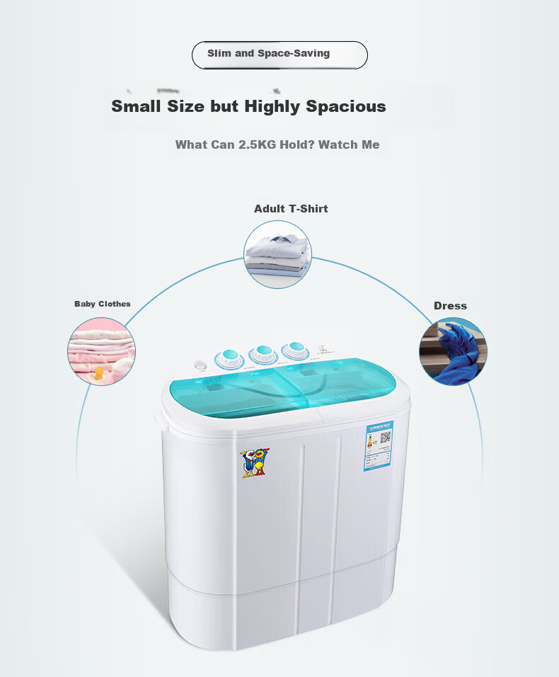 XIAOYA Trendy Lifestyle Appliances 2.5kg Twin Tub Mini Semi-Automatic Washing Machine for Baby and Children's Underwear Socks Small Items Separate Washing and Spinning Mini Model 5