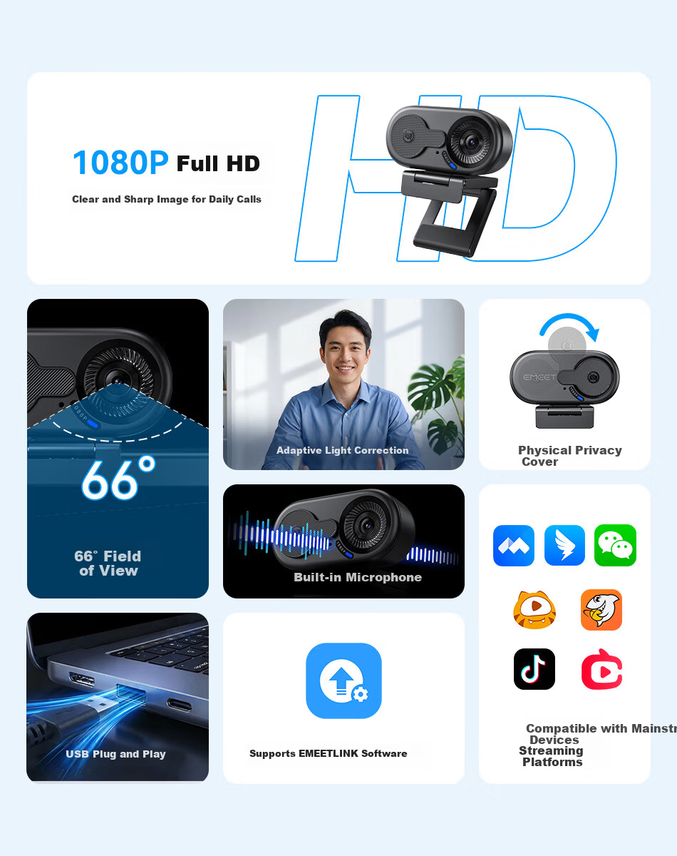 EMEET YIMI 1080P HD USB External Computer Webcam with Built-in Microphone for Desktop and Laptop Video Calls, Office Meetings, Interviews, and Exams 2