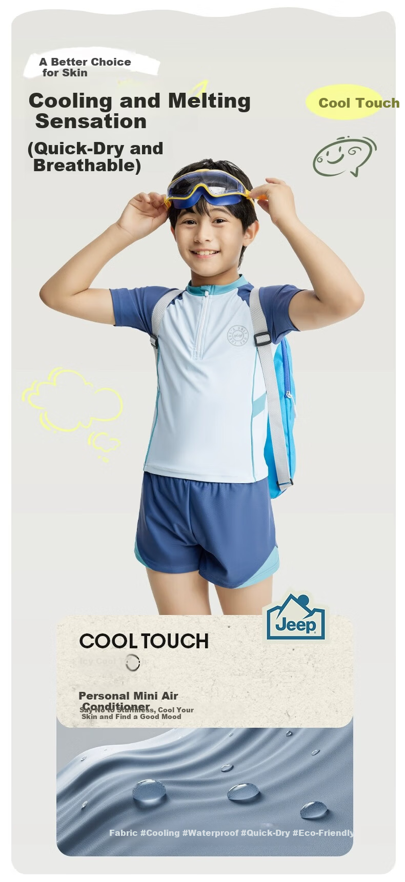 JEEP Kids Boys Two-Piece Quick-Dry Professional Swimwear for Older Children Blue Sea White 120 1