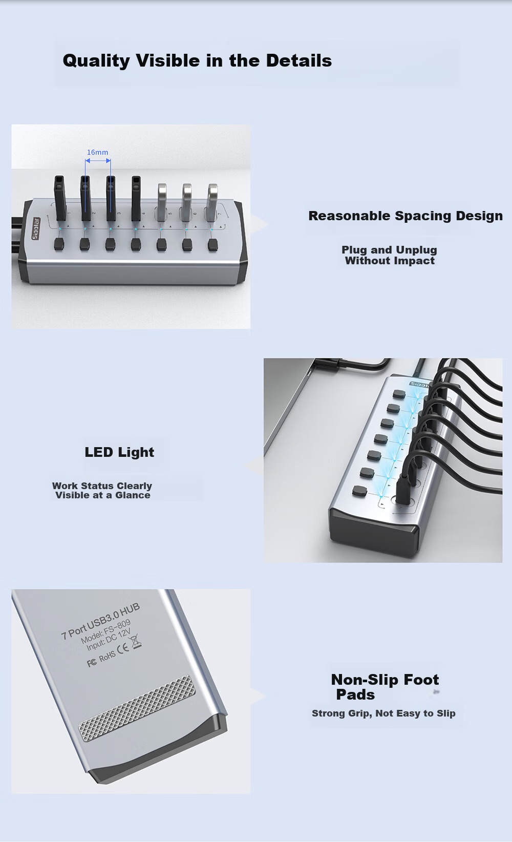 SIPOLAR USB 3.0 Hub with Independent Control, 7-Port High-Speed HUB, 4 USB + 3 Charging Ports, 24W High Power Docking Station FS-809, Extension Cable, Laptop Accessory 12