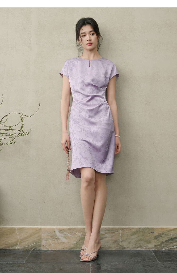 Shangdu Bila Elegant Slimming National Style Summer Dress for Women with Beaded Buttons, Round Neck, Flutter Sleeves, A-Line Jacquard Mid-Length Dress 11
