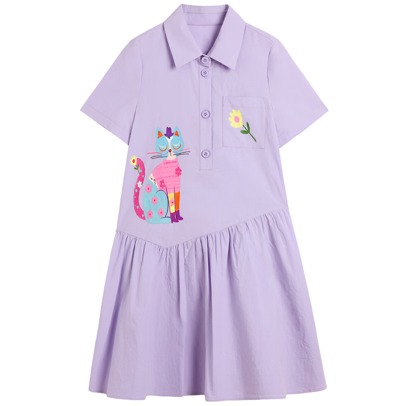 CHANZUIGOU Girls' Taro Purple Pure Cotton Shirt Dress 2026 Summer New Stylish Dopamine Print Dress