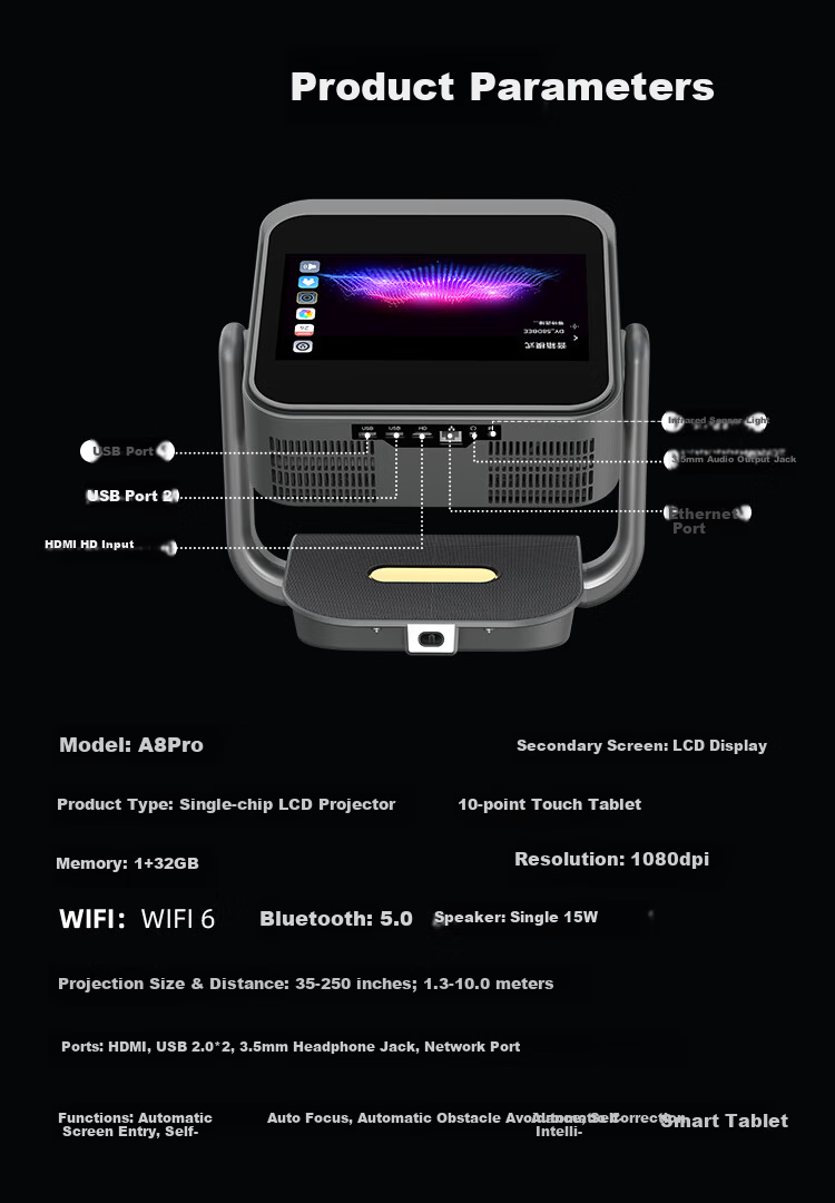Dongying New A8Pro 10-inch Dual-Screen Touch True 1080P Cloud Gimbal Auto Focus Correction 4K Giant Screen Home Smart HD Projector Home Theater 21