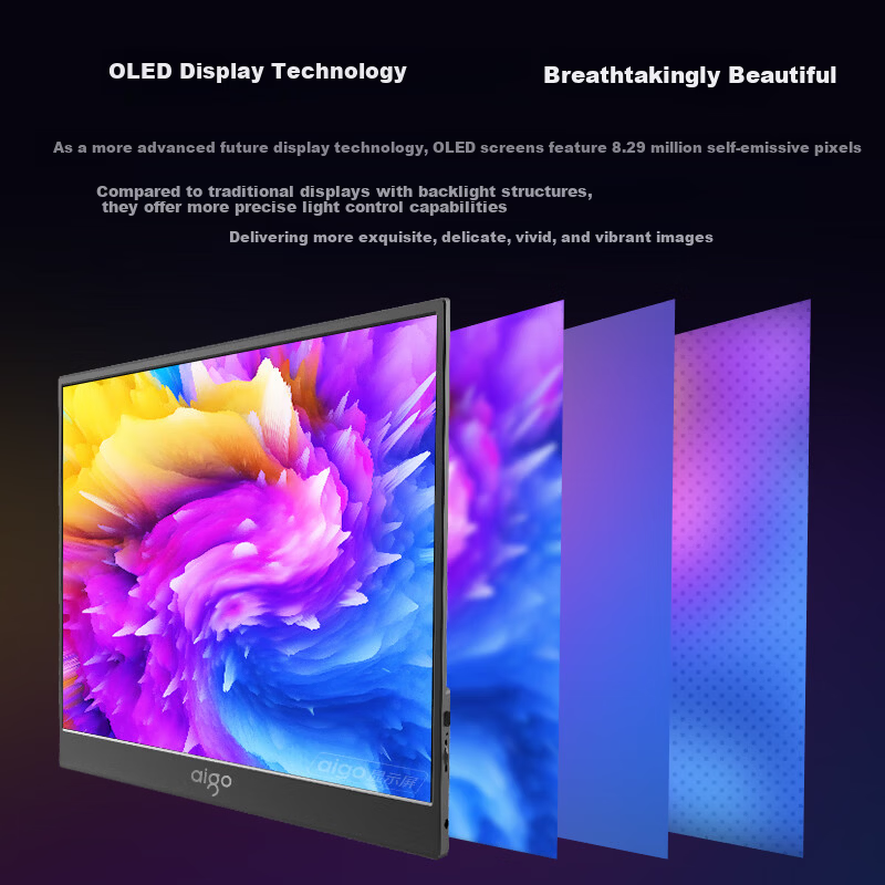 Aigo 15.6-Inch 4K OLED Portable Monitor, High Color Gamut, for Mobile Phones, Computers, Laptops, Split-Screen Design, Mobile Expansion Secondary Scree
