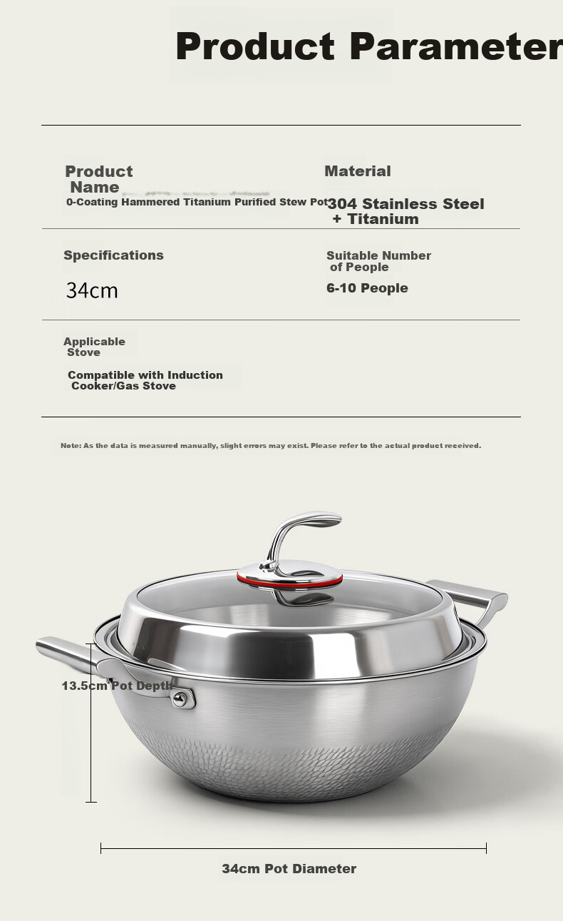 OLOFE Laoguandong Hammered Stainless Steel Thickened Large Capacity Stew Pot Crystal Steel Titanium Purification Stew and Stir-fry Pot Double Handle Deepened 34cm 3