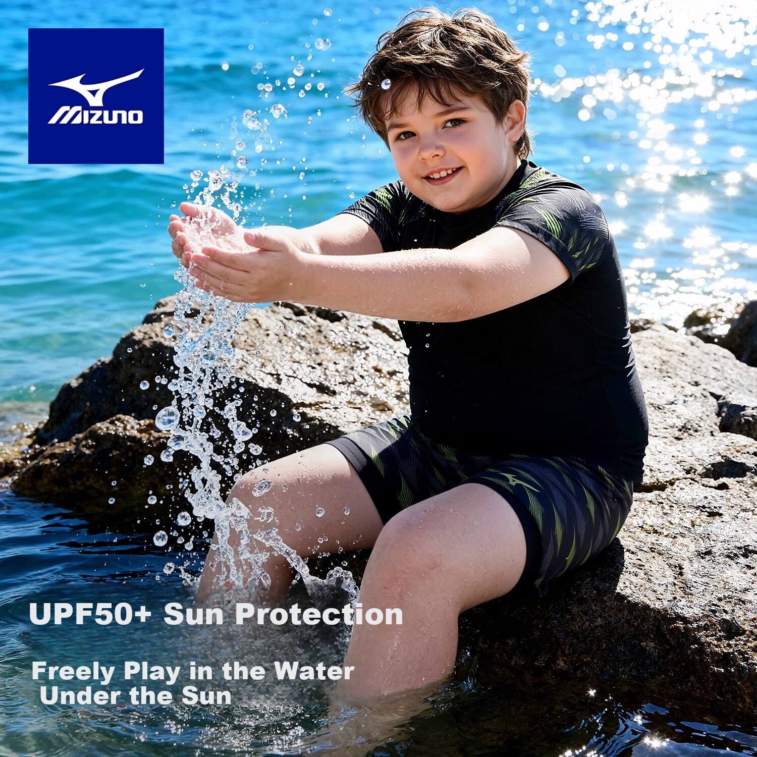 MIZUNO Kids Boys Two-Piece Quick-Dry Baby Beginner Surfing Swimsuit Sun Protection Swimming Gear GC412 Black Yellow 120