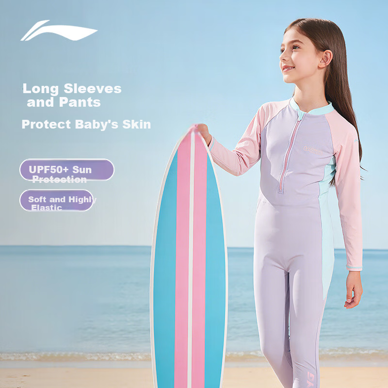 LI-NING Kids Girls Long Sleeve Long Pants Warm Professional One-Piece Surfing Diving Swimming Suit 7191 Purple Size 170