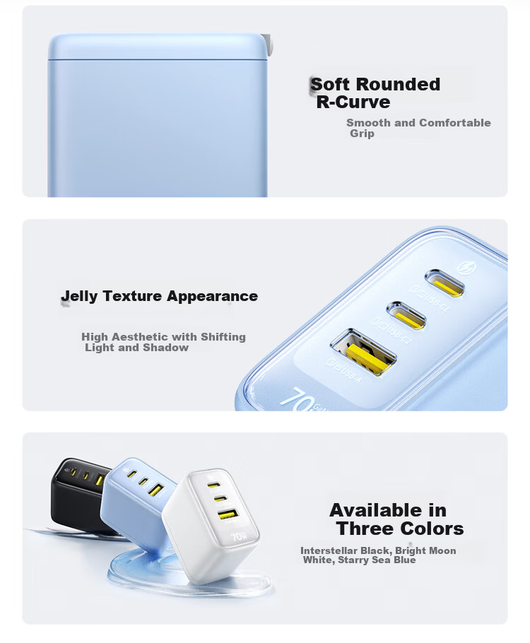 Baseus Little Ice 70W GaN Charger 3-Port Fast Charging MacBook Type-C PD65W Compatible with Apple 17/16, Xiaomi Phones, Laptop Adapter Blue 10