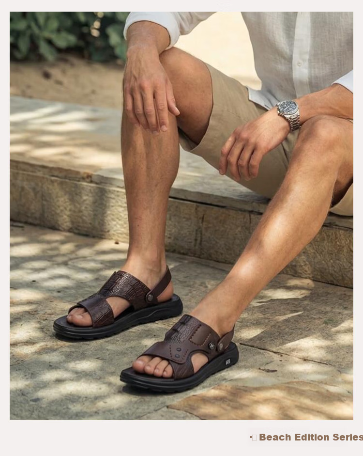 Jingzhenlianggong New Casual Soft Sole Men's Breathable Anti-Slip Sandals Slippers Dark Brown Leather Texture Style Size 40 7