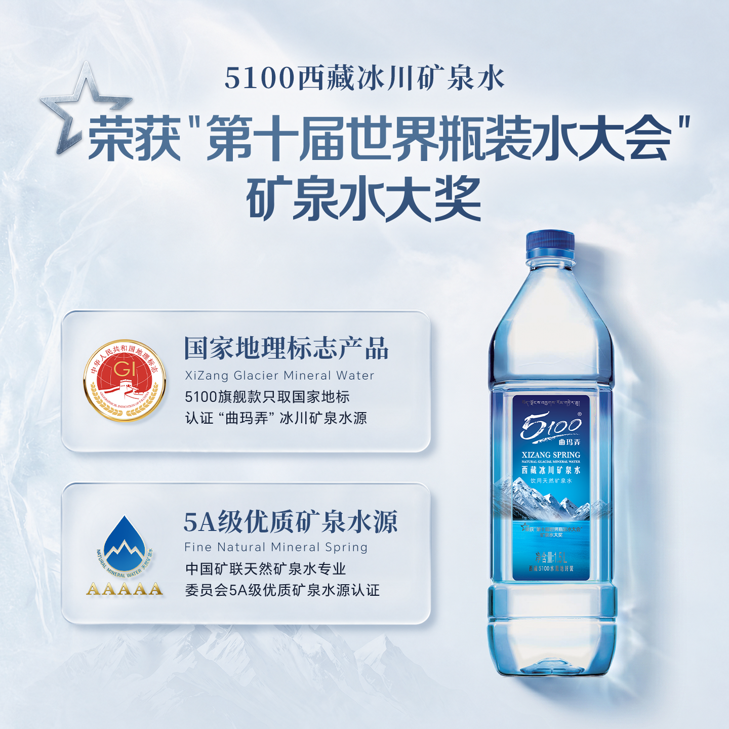 5100西藏冰川矿泉水1.5L*12瓶整箱 刘涛同款泡茶低氘弱碱饮用矿泉水