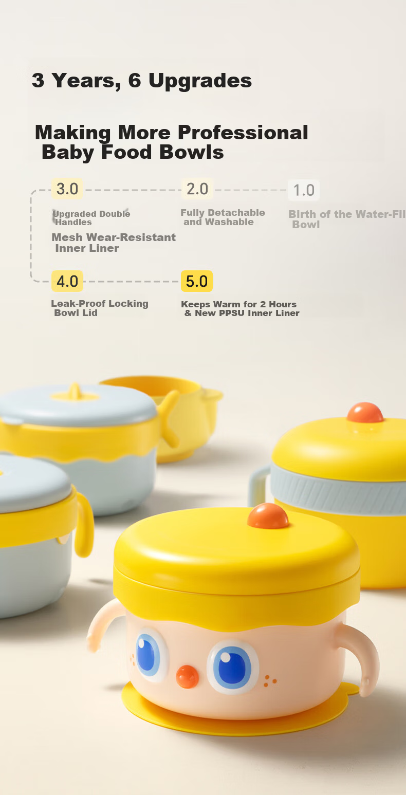 Huang Chong Big-Eyed Cute Baby Feeding Bowl Children's Water-Filled Insulated Suction Bowl PPSU Double-Layer Insulated Lunch Box Yellow 1