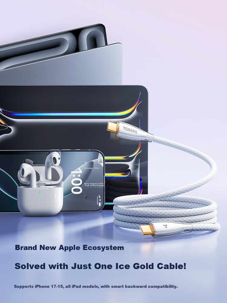 Torras Apple Charging Cable [Ice Gold Line · Low Temperature Protection] iPhone 17 Pro Max Data Cable with Dual Type-C Fast Charging Heads Compatible with iPhone 16-15 Series Car Fast Charging 6
