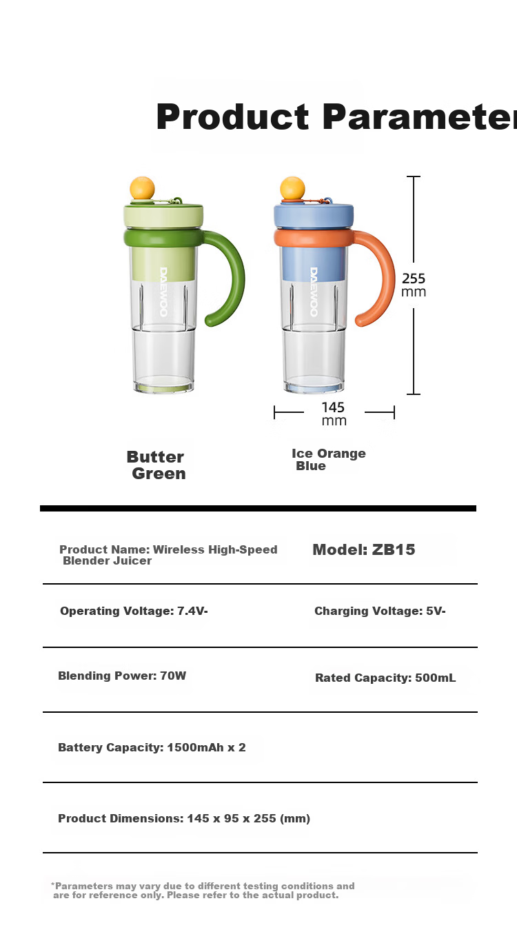 DAEWOO Wall-breaking Light Food Cup 618 Price Protection Wireless Slimming Fruit and Vegetable Cup Portable Juicer Juice Cup Travel Cup 500ml Large Capacity Baby Food Processor ZB15-BCL 20