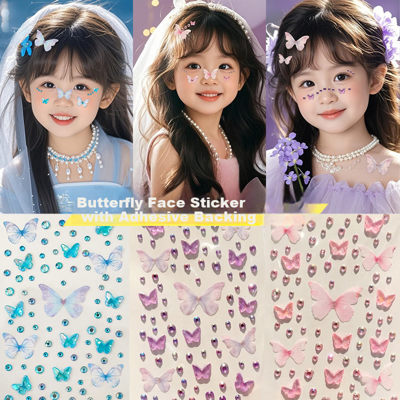 GOTOVAN Kids Face Makeup Stickers Butterfly Diamond Face Decoration Self-Adhesive Stage Performance Sequin Face Stickers Colorful Rhinestones for Concert New Year Festival