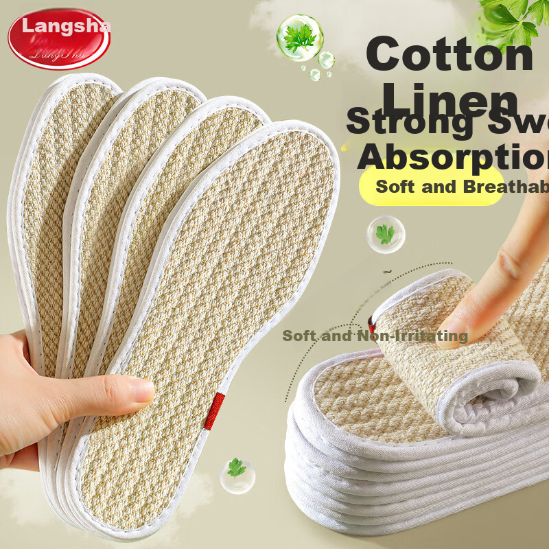 Langsha 3 Pairs Cotton Linen Deodorant Insoles Unisex Sweat-Absorbing Breathable Soft Comfortable Cotton Fabric Linen Anti-Sweat Leather Shoes Size 35