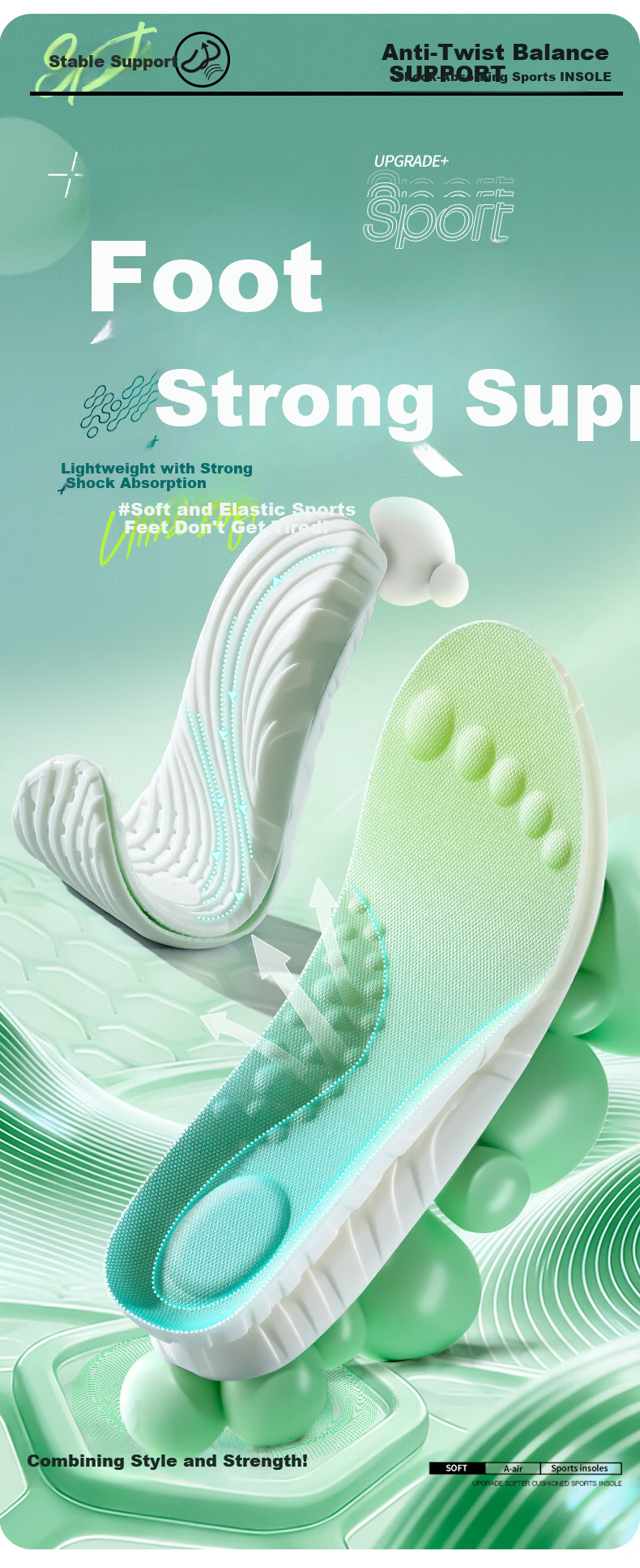 Oriental Footprint 2 Pairs Arch Support Insoles Sports Shock Absorption Cushioned Breathable Sweat-Absorbing Soft Elastic Flat Feet Unisex Size 43-44 2