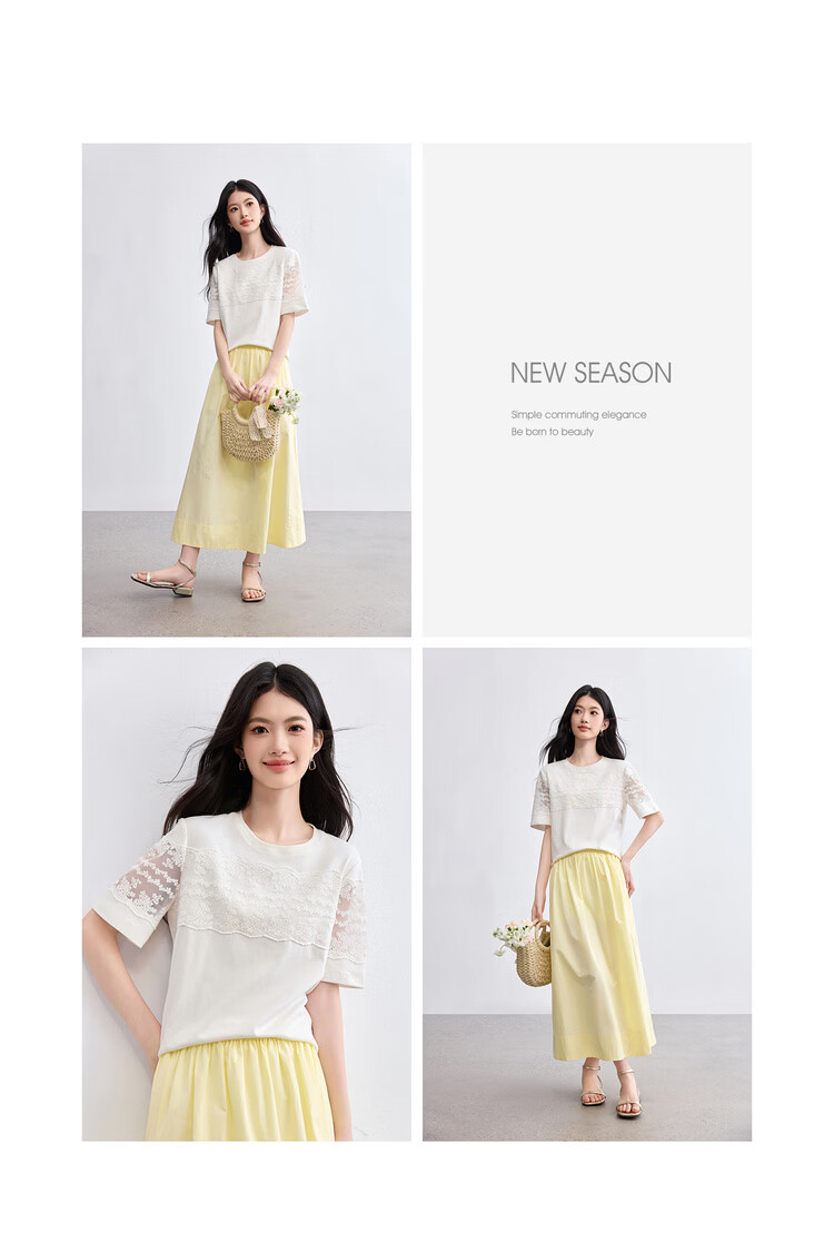Shangdu Bila Cotton Spliced Lace Trim Round Neck Short Sleeve T-Shirt Women Summer Slim Straight Top Elegant Temperament Women's Wear 15