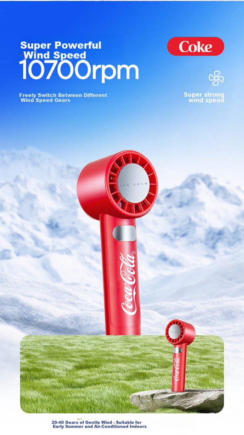 Coca-Cola Handheld Mini USB Electric Fan with Digital Display Portable Quiet Desktop Fan for Office Dormitory Students B-FS07G - Price Protection 618 9