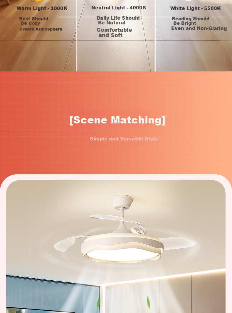 Kuka LED Cream Style Invisible Ceiling Fan Light for Living Room and Dining Room Silent Ceiling Fan with Downrod - Three Colors [Installation Included] 23