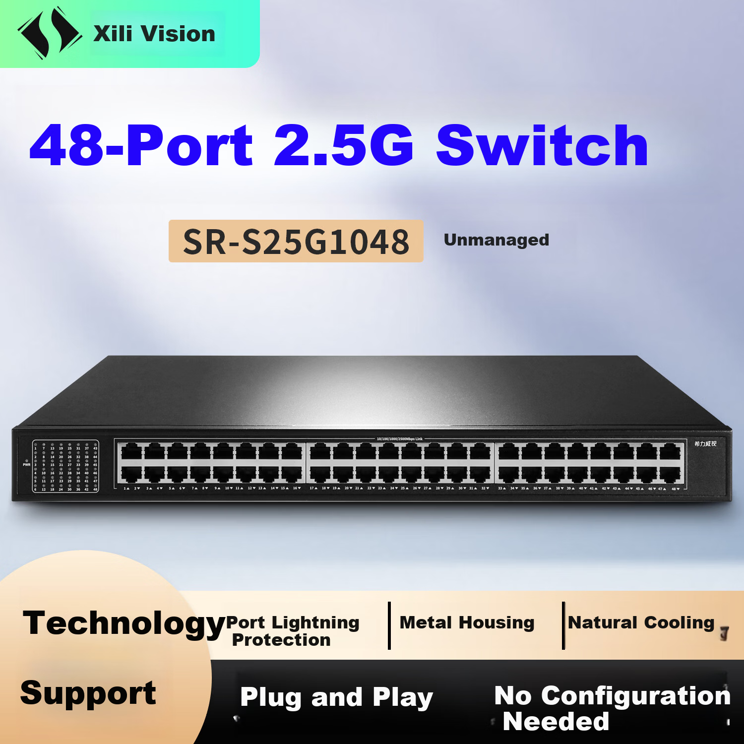 Xilivision 48-Port 2.5G Unmanaged Plug-and-Play Full Ethernet Switch SR-S25G1048