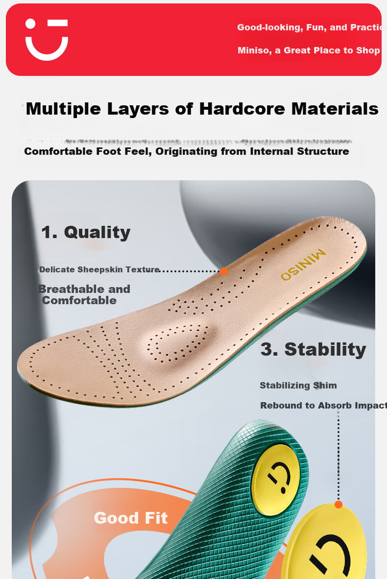 MINISO Sheepskin Insoles Sweat-Absorbing Breathable Shock-Absorbing Soft Anti-Odor Durable Comfort Insoles Size 39-40 6