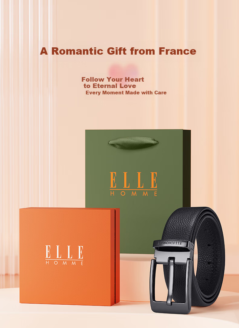 ELLE HOMME French Brand Men's Genuine Leather Belt First Layer Cowhide Pin Buckle Belt Gift Box Birthday Present for Boyfriend Husband 2