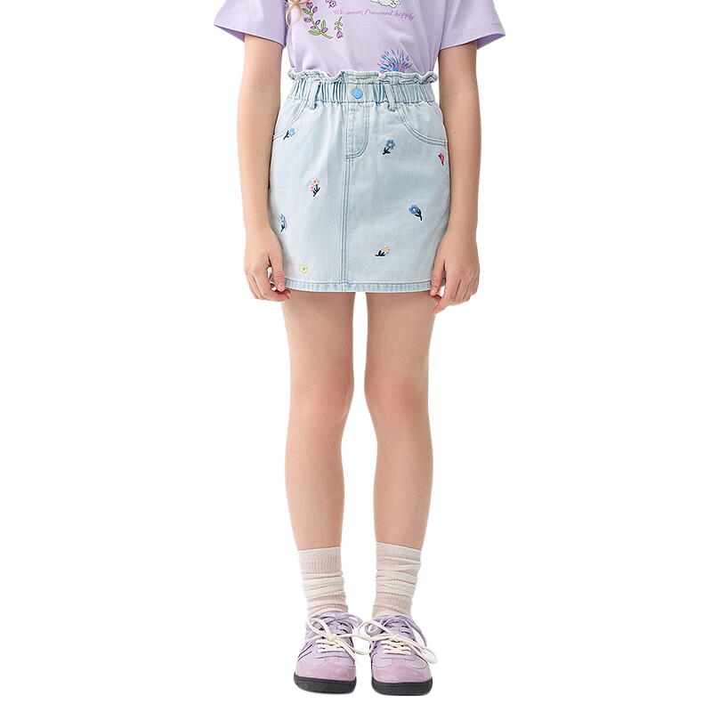 BALABALA Children's Clothing, Girls' Shorts, Summer 2025 Collection, All-Cotton Denim Casual Embroidered Puff Skirt, 208225110004