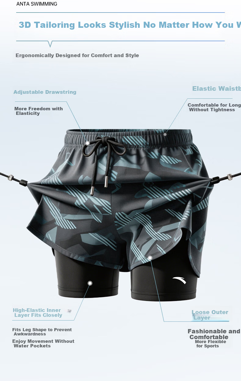 ANTA Men's Quick-Dry Loose-Fit 5-Inch Swim Trunks Dual-Layer Beach and Water Shorts Gray 2XL 4