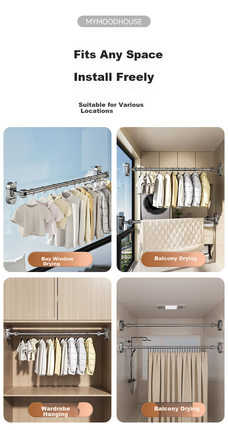 MYMOODHOUSE Suction Cup Retractable Clothes Drying Rod Balcony Indoor Corner Quilt Drying Rack No Drilling 120-200cm 5