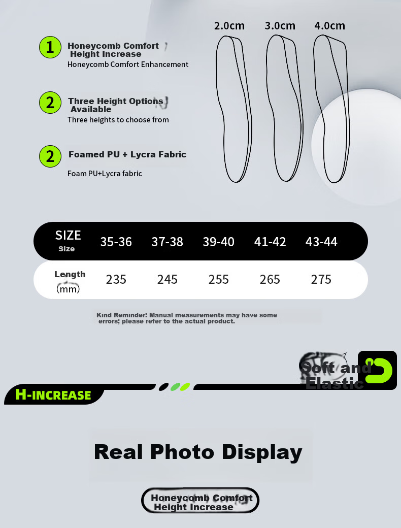 Bonnie Family Men's Height Increasing Insoles Sweat-Absorbing Odor-Resistant Shock-Absorbing Breathable Invisible Height Increase Full Insoles Summer 8