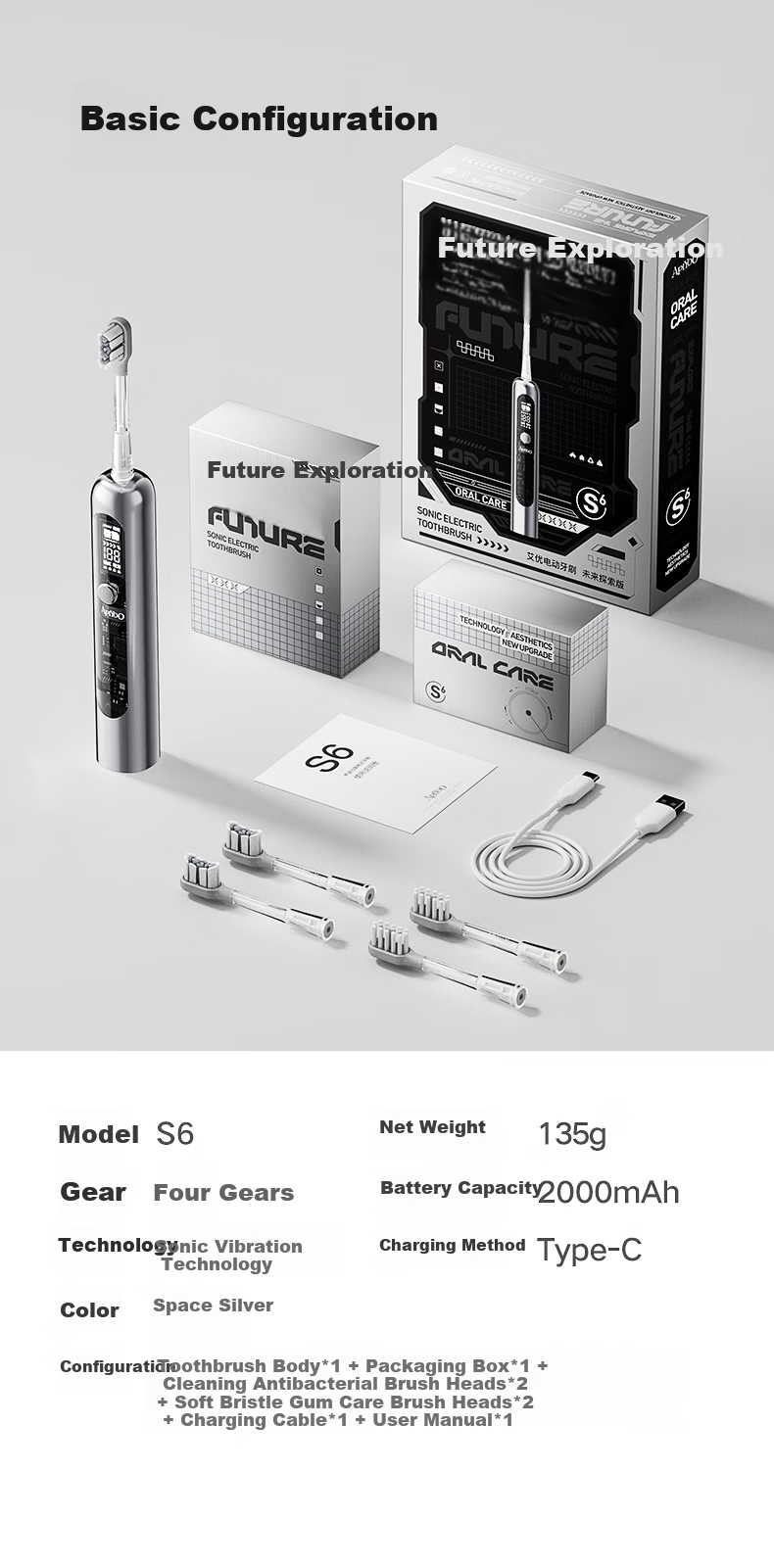 ApiYoo AiYou S6 Adult Cyber Tech Sonic Electric Toothbrush 4 Modes Deep Cleaning Soft Bristles Gum Care Couples Student 520 Birthday Gift for Boyfriend 10