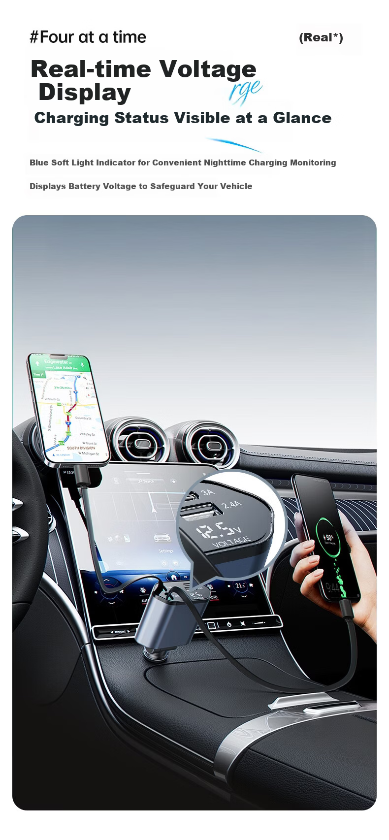 Huangchi 120W Super Fast Charging Retractable Cable Car Charger 3-in-1 Multifunctional Cigarette Lighter Adapter 9