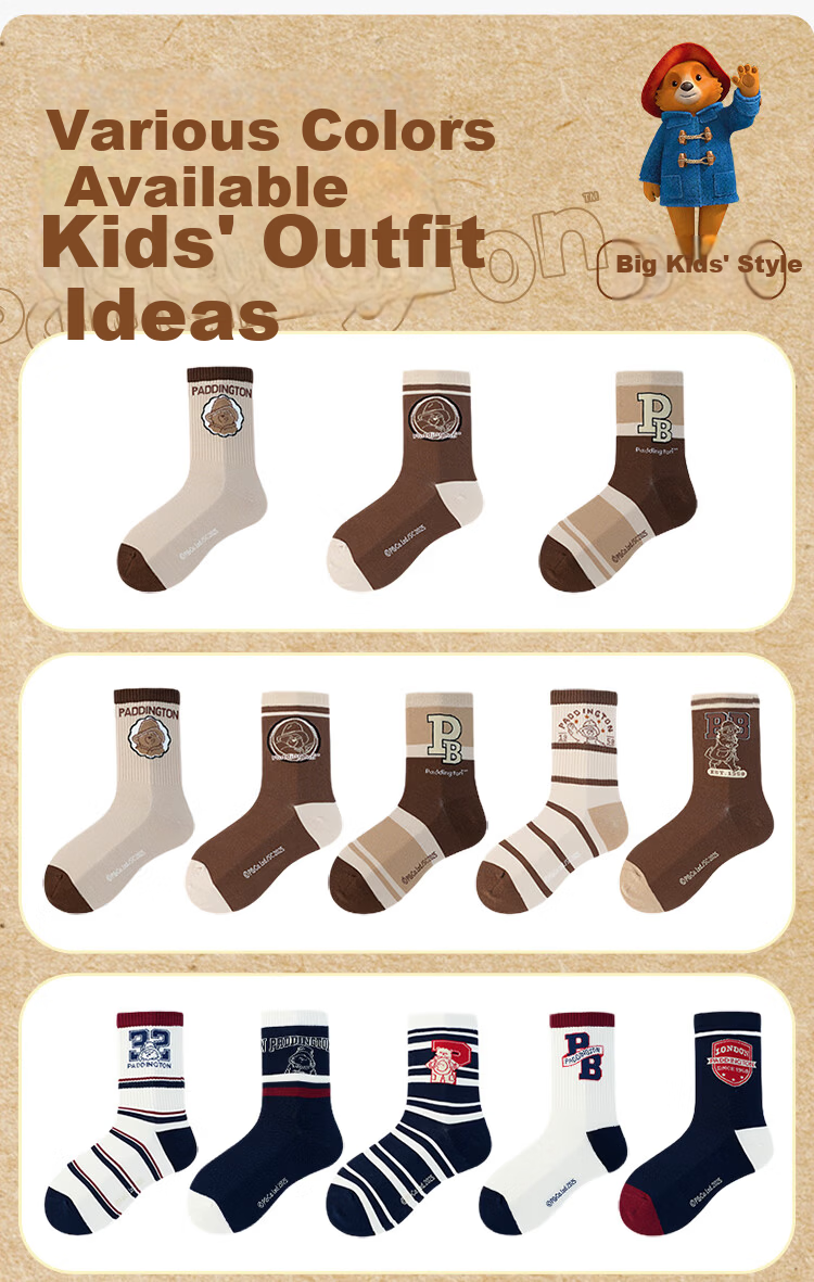 Jingshuran JD Own Brand Cotton Paddington Bear Pattern Green Mid-Calf Parent-Child Socks 5 Pairs Pack 8