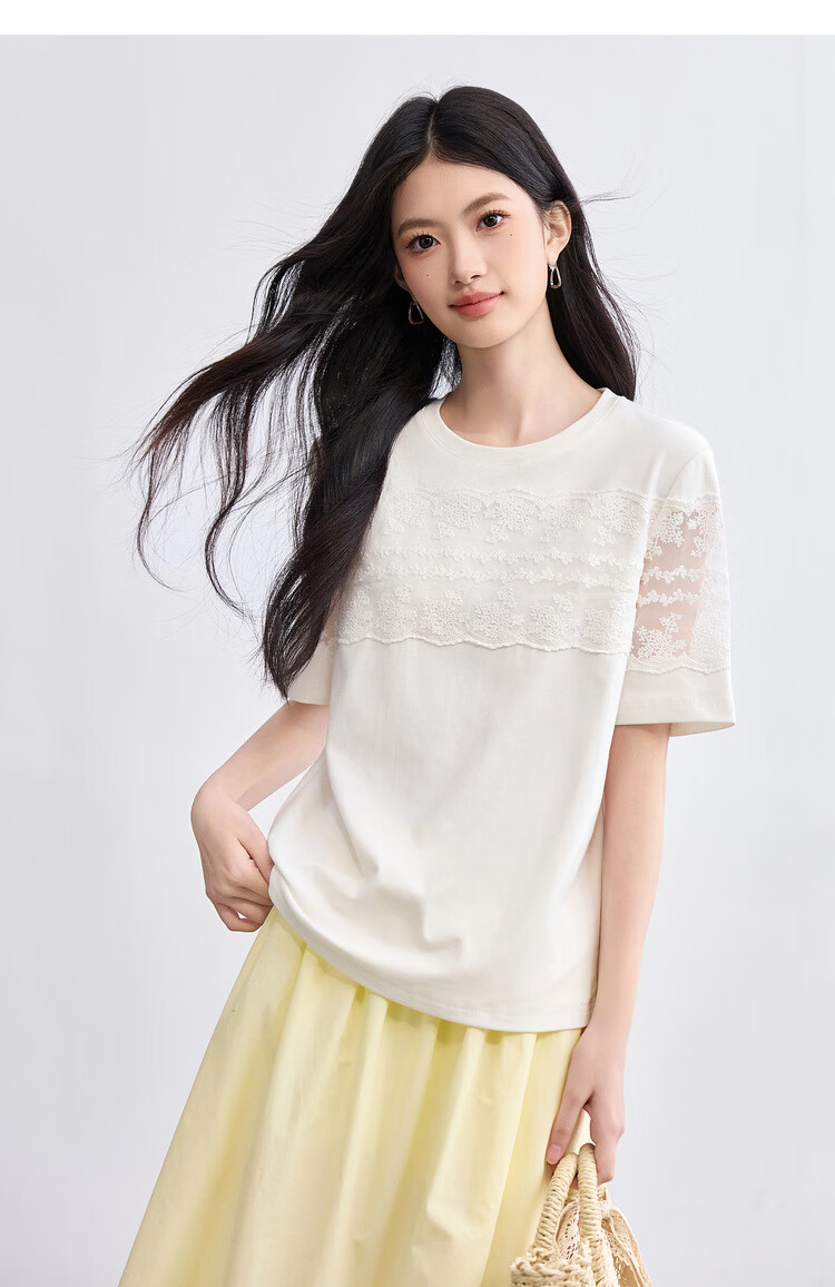 Shangdu Bila Cotton Spliced Lace Trim Round Neck Short Sleeve T-Shirt Women Summer Slim Straight Top Elegant Temperament Women's Wear 14