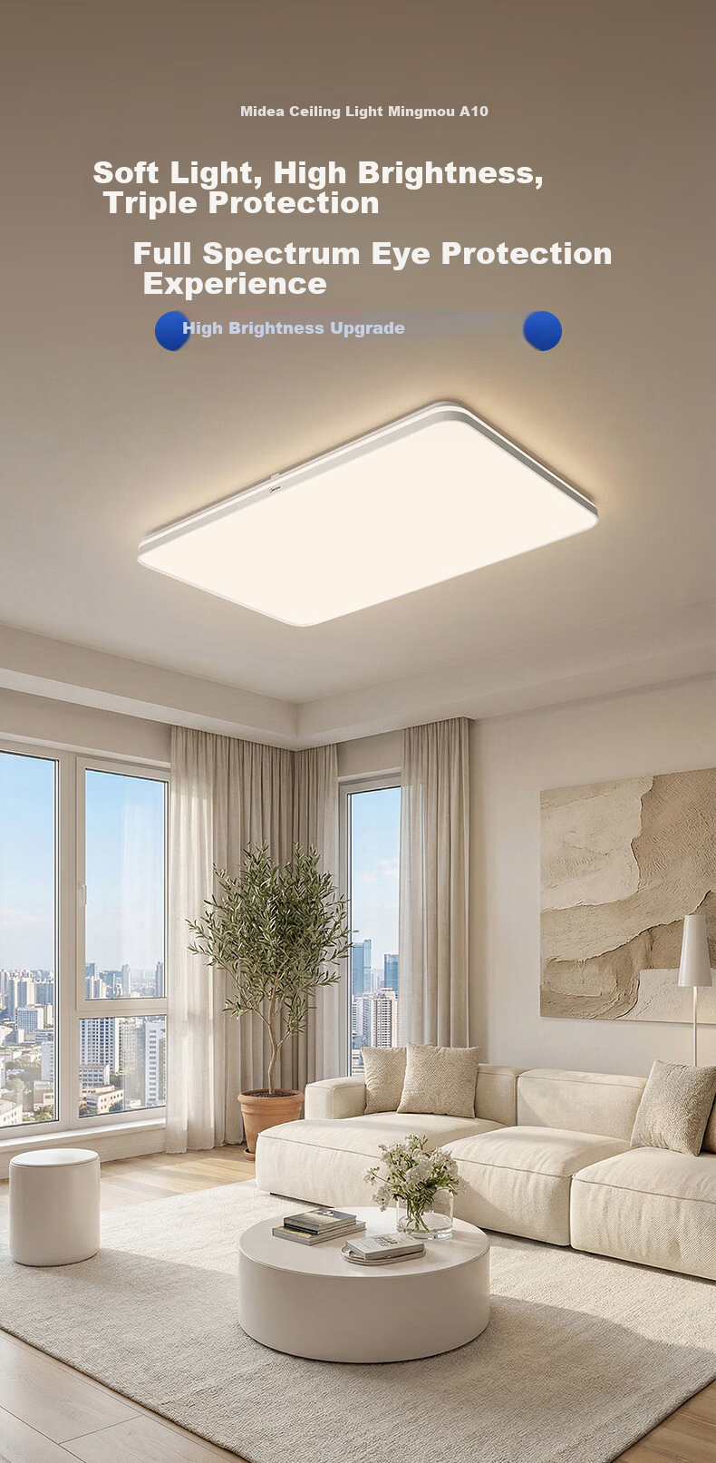 Midea Ceiling Light Living Room LED Eye-Care Dimmable Three-Color Lighting Fixture 160W Bright Eye 2