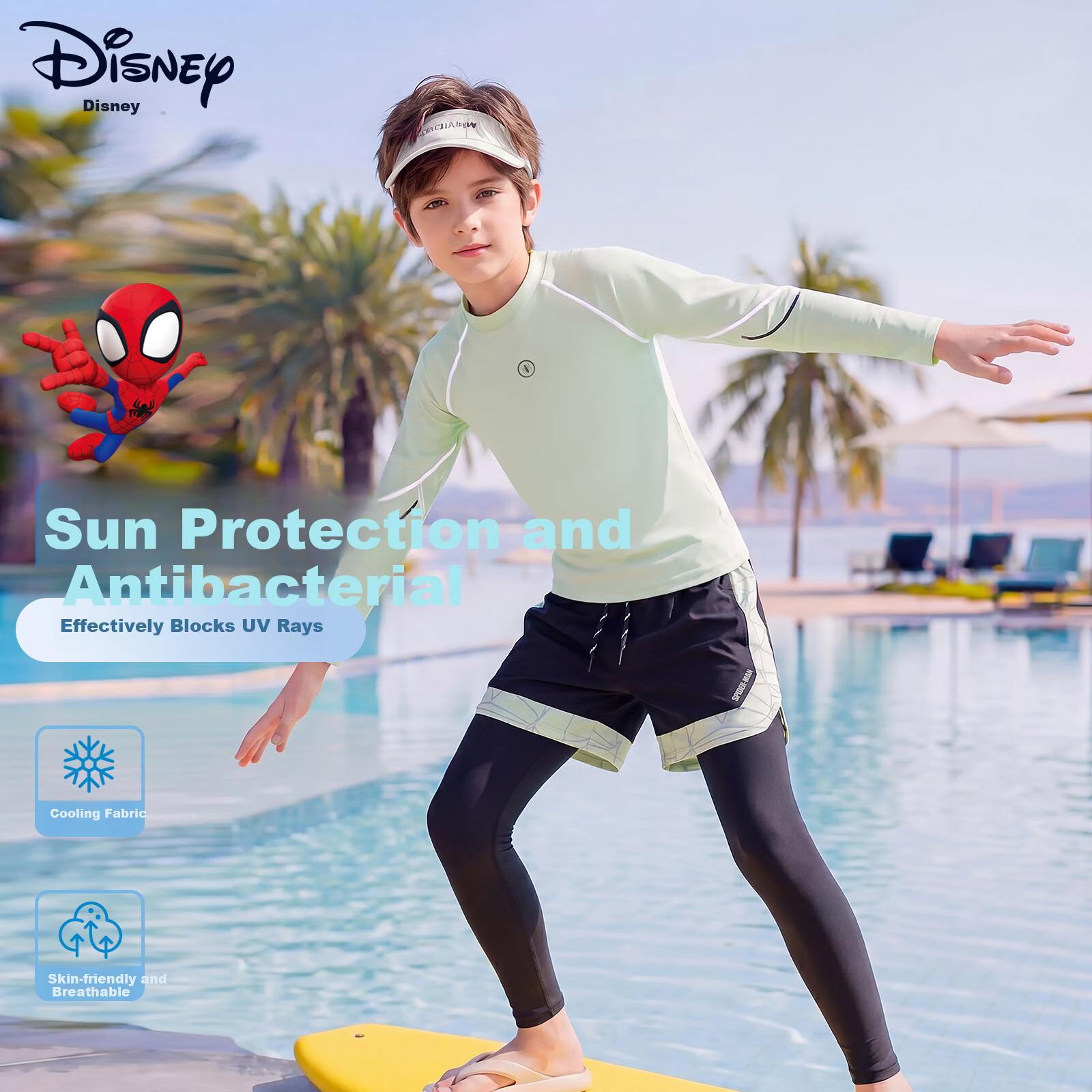 Disney Boys' Long-Sleeve And Long-Pants Swimsuit, Summer Sun Protection, Two-Piece Swimwear for Boys, D36650S2E, Spider-Man, Size 130