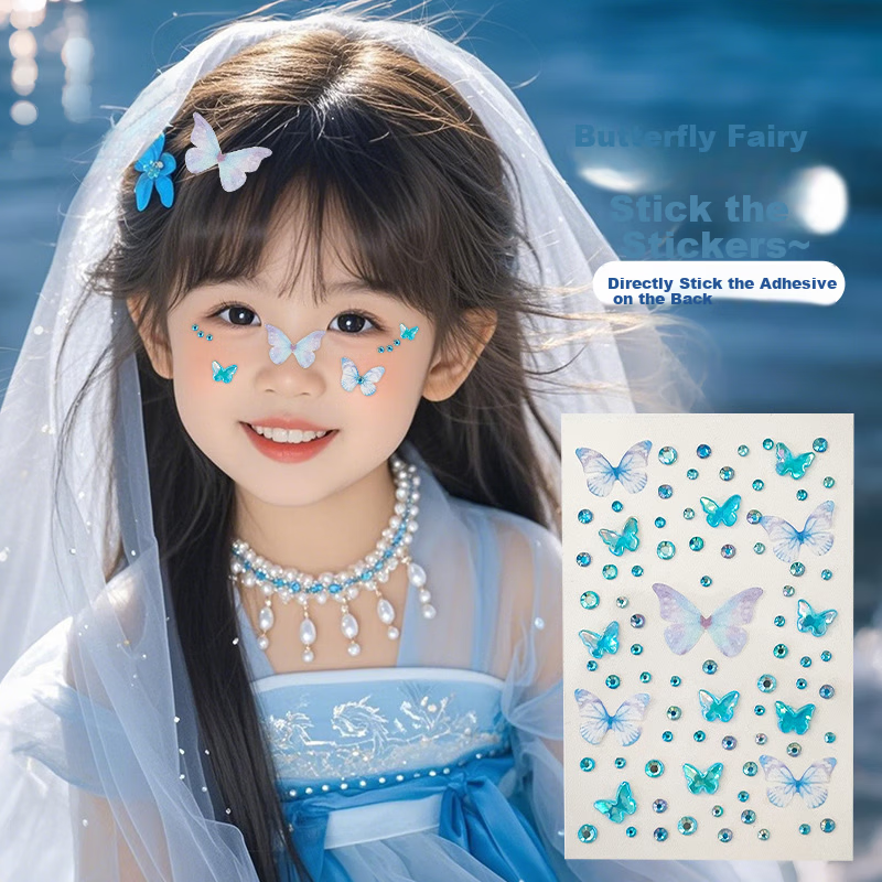GOTOVAN Kids Face Makeup Stickers Butterfly Diamond Face Decoration Self-Adhesive Stage Performance Sequin Face Stickers Colorful Rhinestones for Concert New Year Festival 1