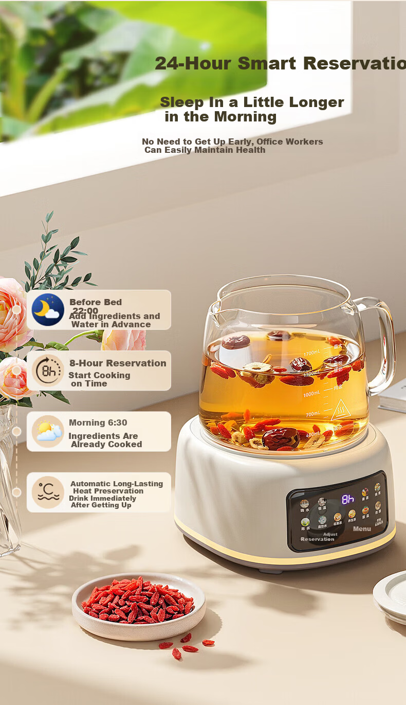 AUX Pure Glass Health Kettle Electric Tea Kettle Hot Water Kettle Constant Temperature Insulated Smart Baby-Safe BPA-Free Herbal Tea Kettle 1.7L ASH-17AZX-518F 12