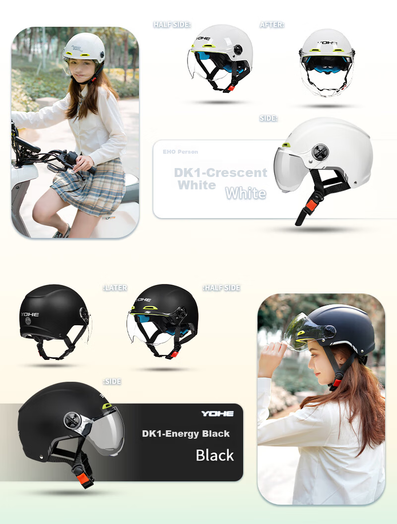 YOHE Eternal New National Standard Class A 3C Certified Electric Vehicle Helmet Women's Summer Four Seasons Electric Scooter Half Helmet Men's Lightweight Motorcycle Safety Helmet DK1 Energy Black One 5