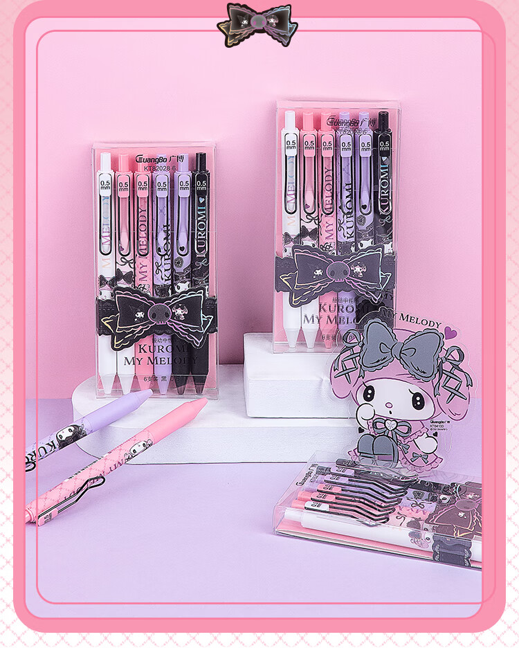 GuangBo Sanrio Gel Pens, 6 Retractable 0.5mm ST Tip Pens for Students' Exams And Writing, Black, Kuromi Design, High Aesthetic Value, Back-To Stationery, KT82028 1