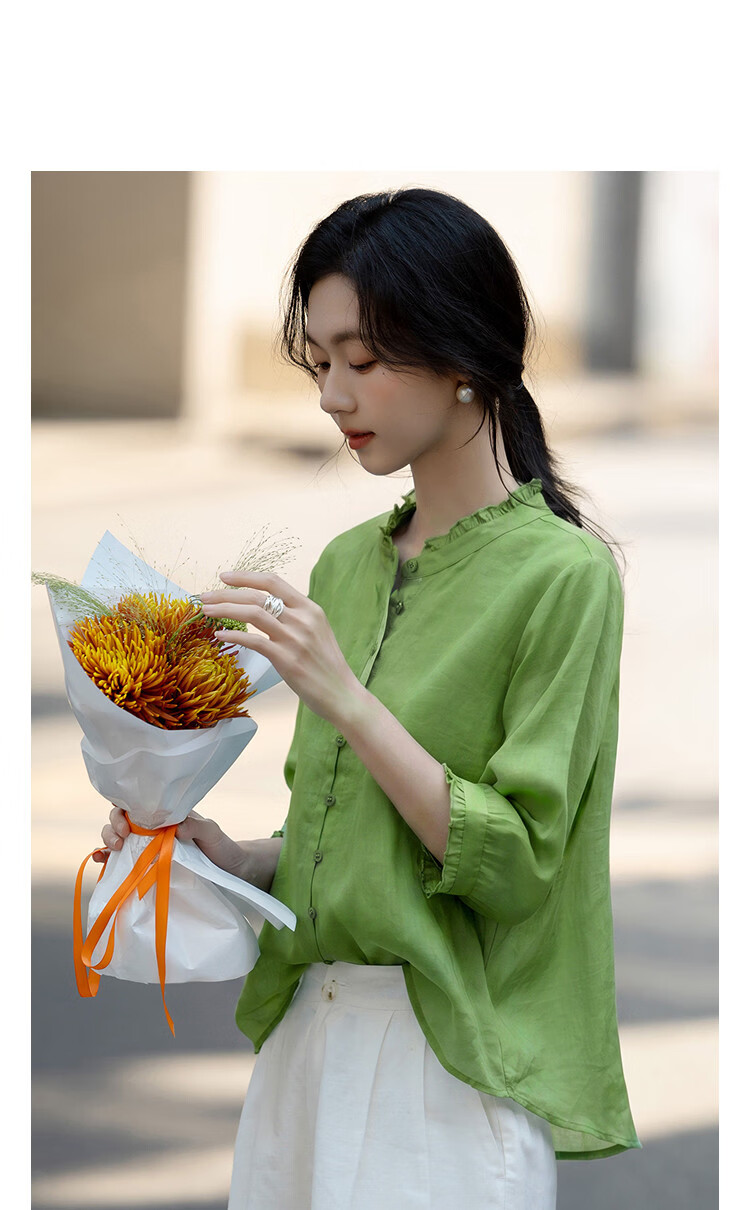 Demana [Ramie Fuchou] Summer Ruffled Collar Three-Quarter Sleeve Loose Slim Cardigan Shirt for Women Premium Quality 14