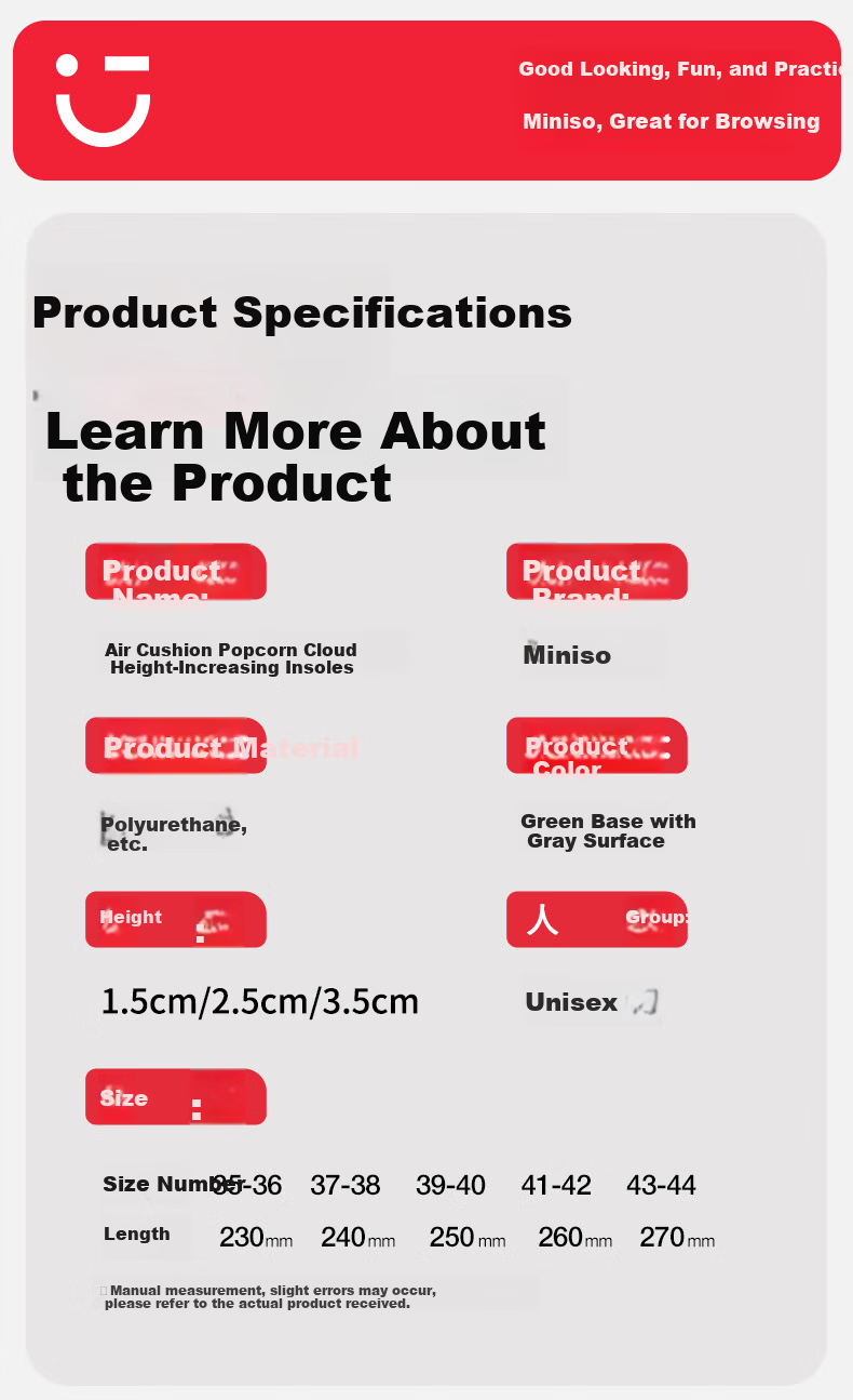 MINISO Cushioned Shock-Absorbing Height Increase Insoles for Men and Women, Invisible 3.5cm Elevation, Mugwort Odor-Resistant Breathable Sweat-Absorbing Insoles, Size 39-40 14