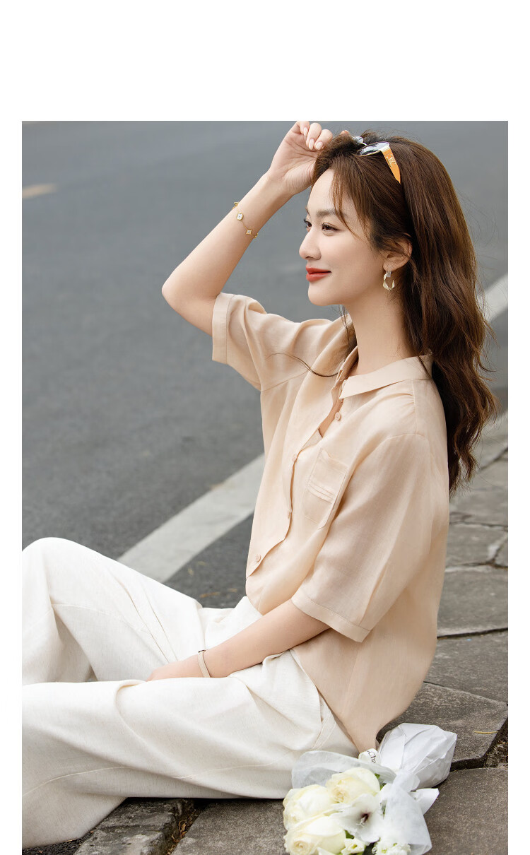 Demana [Ramie Lyocell Blend] Summer Elegant Small Turn-down Collar Pleated Patch Pocket Loose Slimming Shirt for Women High-end Feel 12
