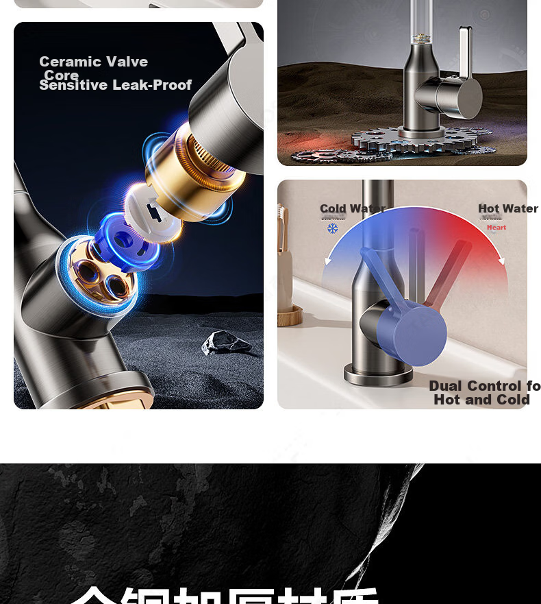 Baihan All-Copper Thickened Washbasin Faucet Bathroom Mechanical Arm Basin Universal Rotatable Hot and Cold Dual-Control Faucet 5