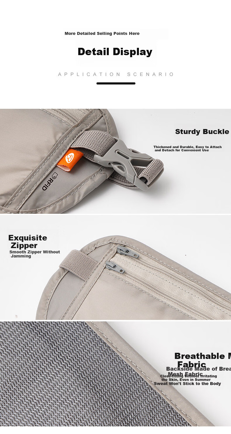 Liomirror Anti-Theft Waist Bag Slim Hidden Travel Sports Unisex Double Strap Gray 9