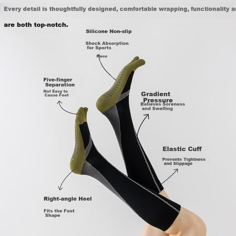 Free Style Professional Yoga Five-Toe Calf Compression Socks Outdoor Fitness Hiking Cycling Varicose Vein Anti-Slip Knee-High Socks