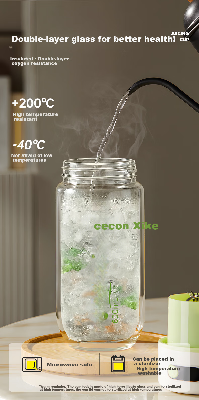 Xike Portable Juicer Double-Layer Glass Insulated Ice-Crushing Juice Cup Small Household Multifunctional Wireless Rechargeable Electric Fruit Blender with Dual Lids GZ4506 7